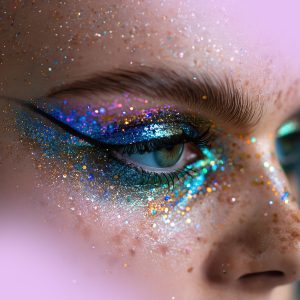 A close-up of eye makeup featuring outrageous combinations of electric blue, acid green, and neon purple, with sharp winged eyeliner and a dusting of metallic glitter. --ar 16:9 --style raw --stylize 300 Job ID: 76192c20-0378-4608-ab54-dd0024e21b78